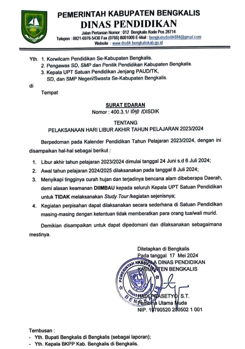 Surat edaran larangan Study  Tour