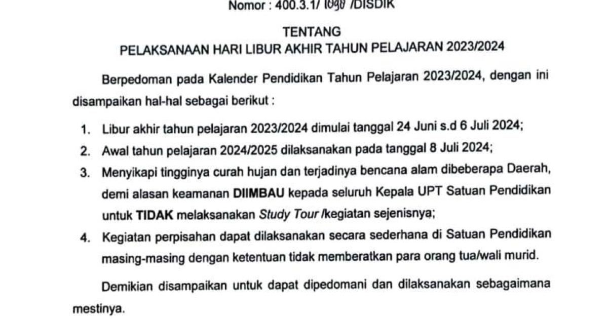 Surat edaran larangan Study  Tour